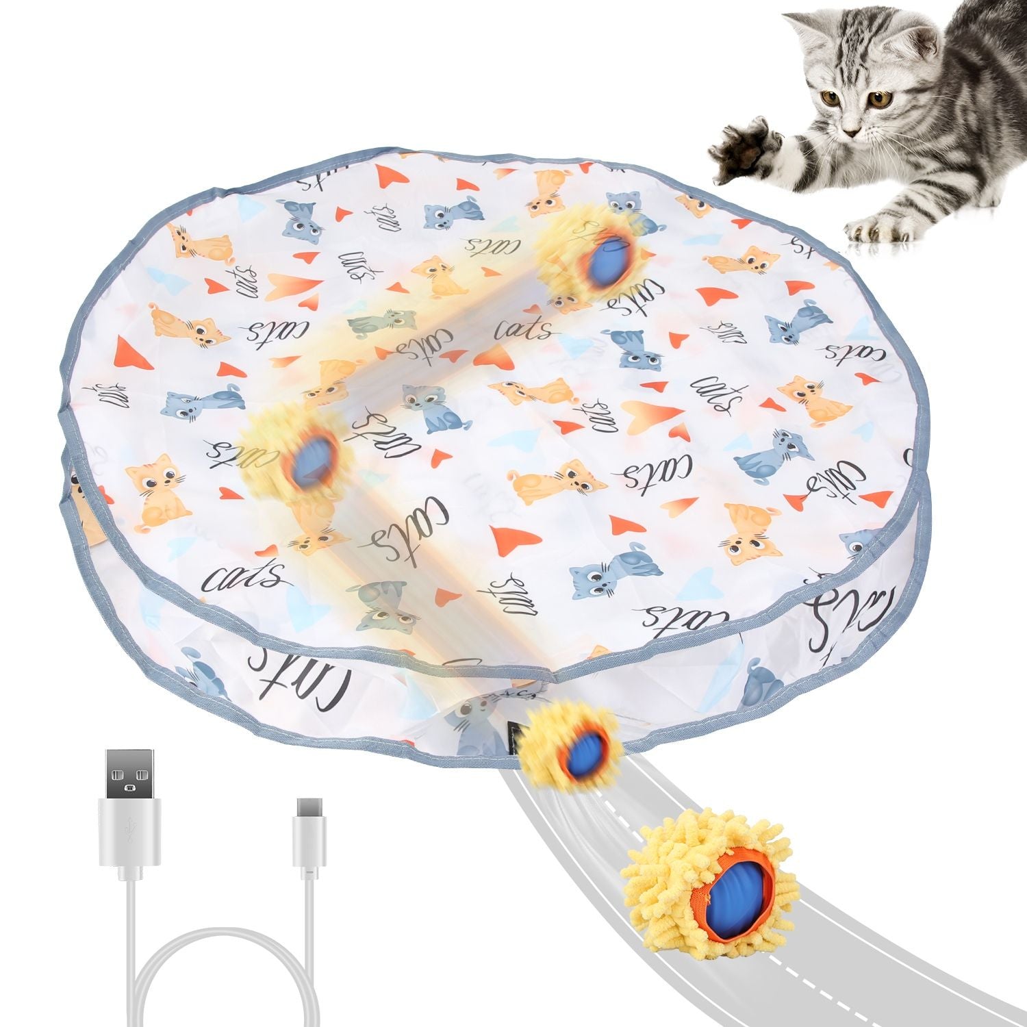 Round foldable cat play pouch with patterned mat and rolling toy ball