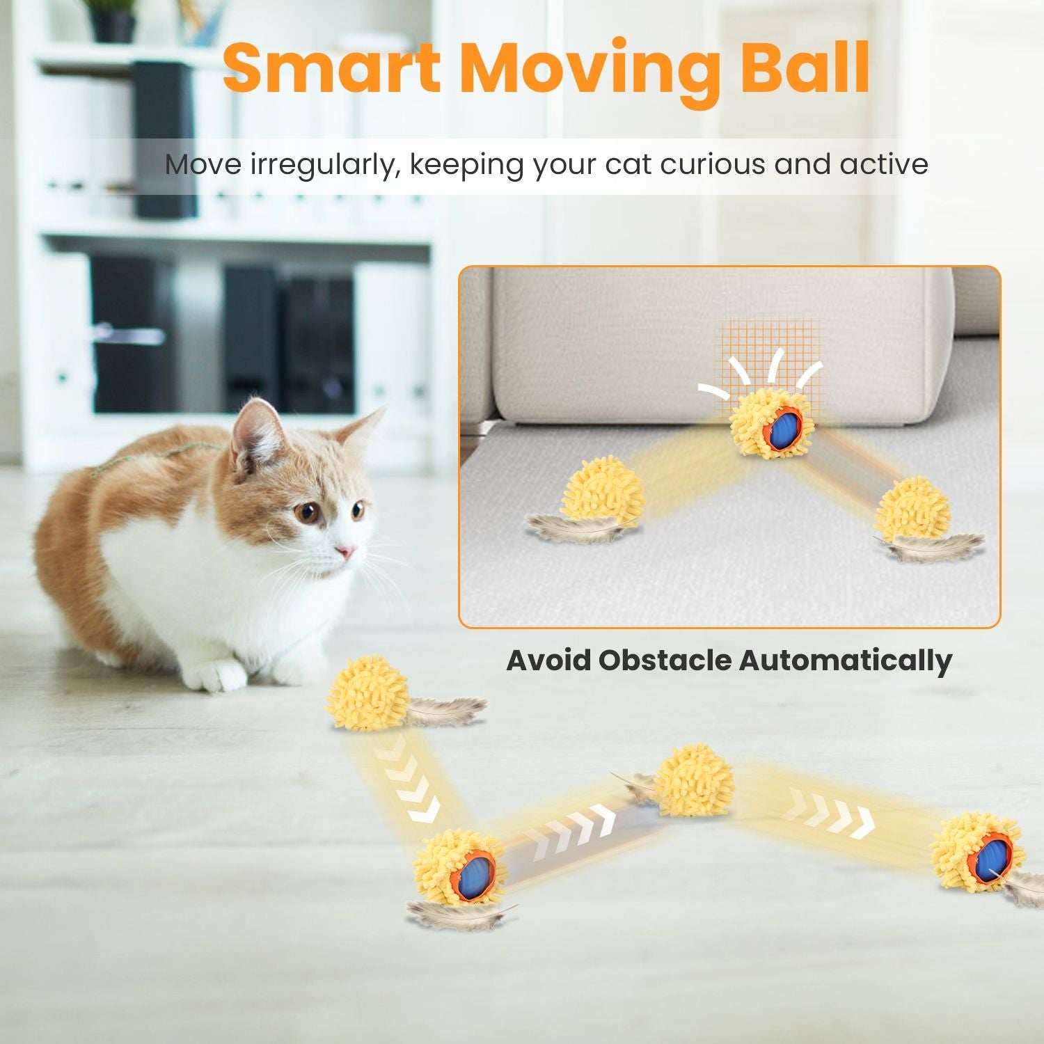 Motion-activated rolling ball with yellow cover demonstrating obstacle avoidance