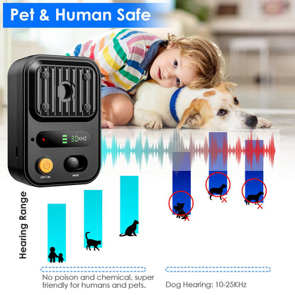 Graphic highlighting pet and human safe ultrasonic sound range with product image