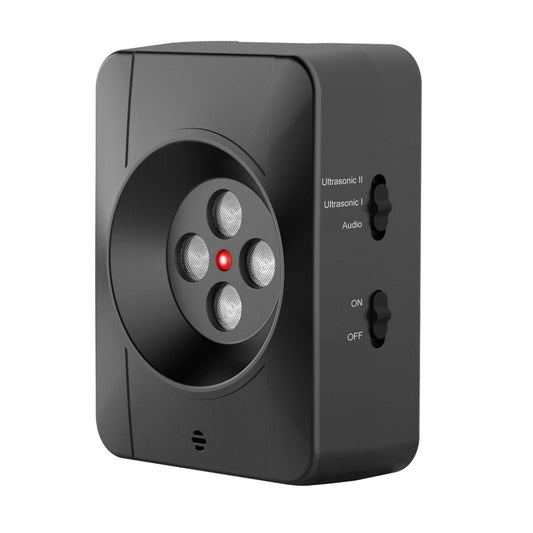 Black rectangular ultrasonic anti-barking device with four speaker ports and indicator light