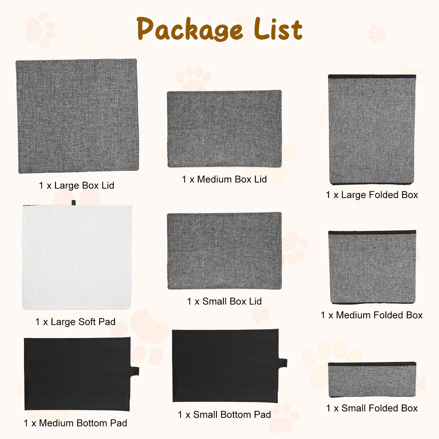 Package contents view showing three folded boxes, three lids and three soft bottom pads included