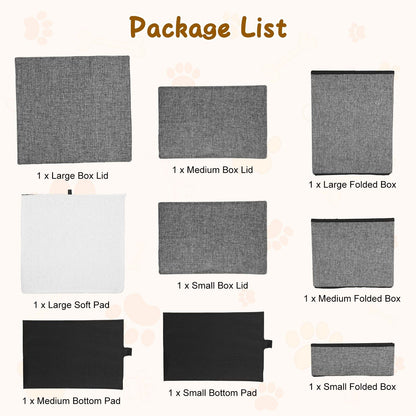 Package contents view showing three folded boxes, three lids and three soft bottom pads included