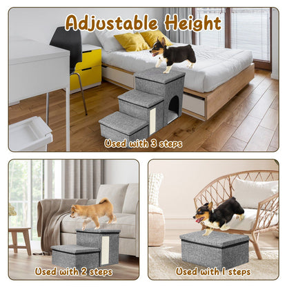 Three arrangements of modular pet steps showing 3-step, 2-step and 1-step configurations for adjustable height