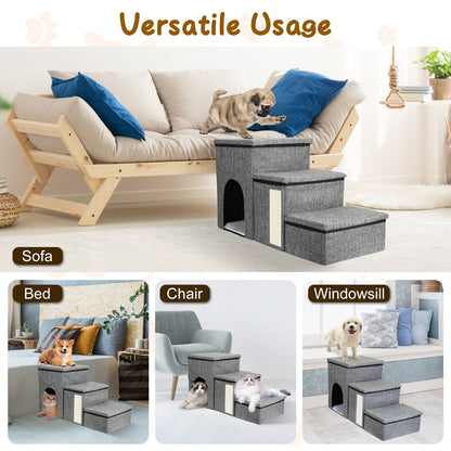 Pet stairs placed by sofa, bed, chair and windowsill to show versatile home placement