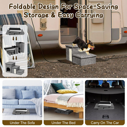 Folded pet stair components shown stored under a sofa, under a bed and in a car trunk for portability