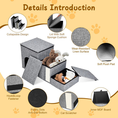 Open boxes and lids showing storage, cushioned lid, linen surface, scratcher and inner MDF components
