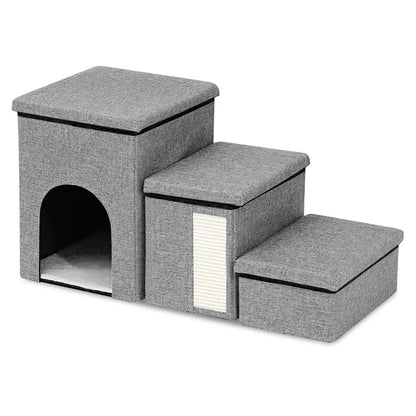 White-background view of assembled grey 3-step pet stair with arched cubby, scratcher panel and cushioned lids