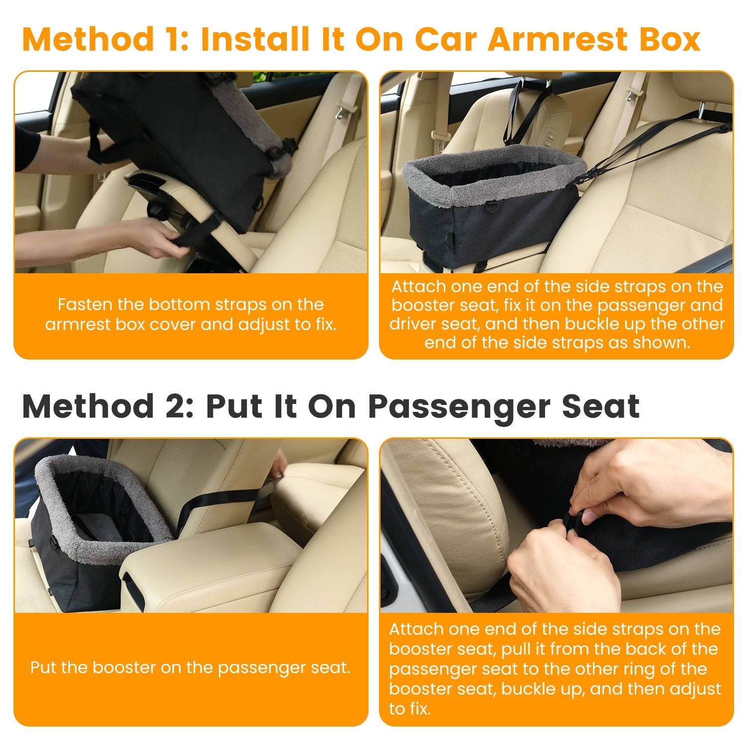 Installation steps showing bottom straps on armrest and side straps buckled to passenger or driver seat