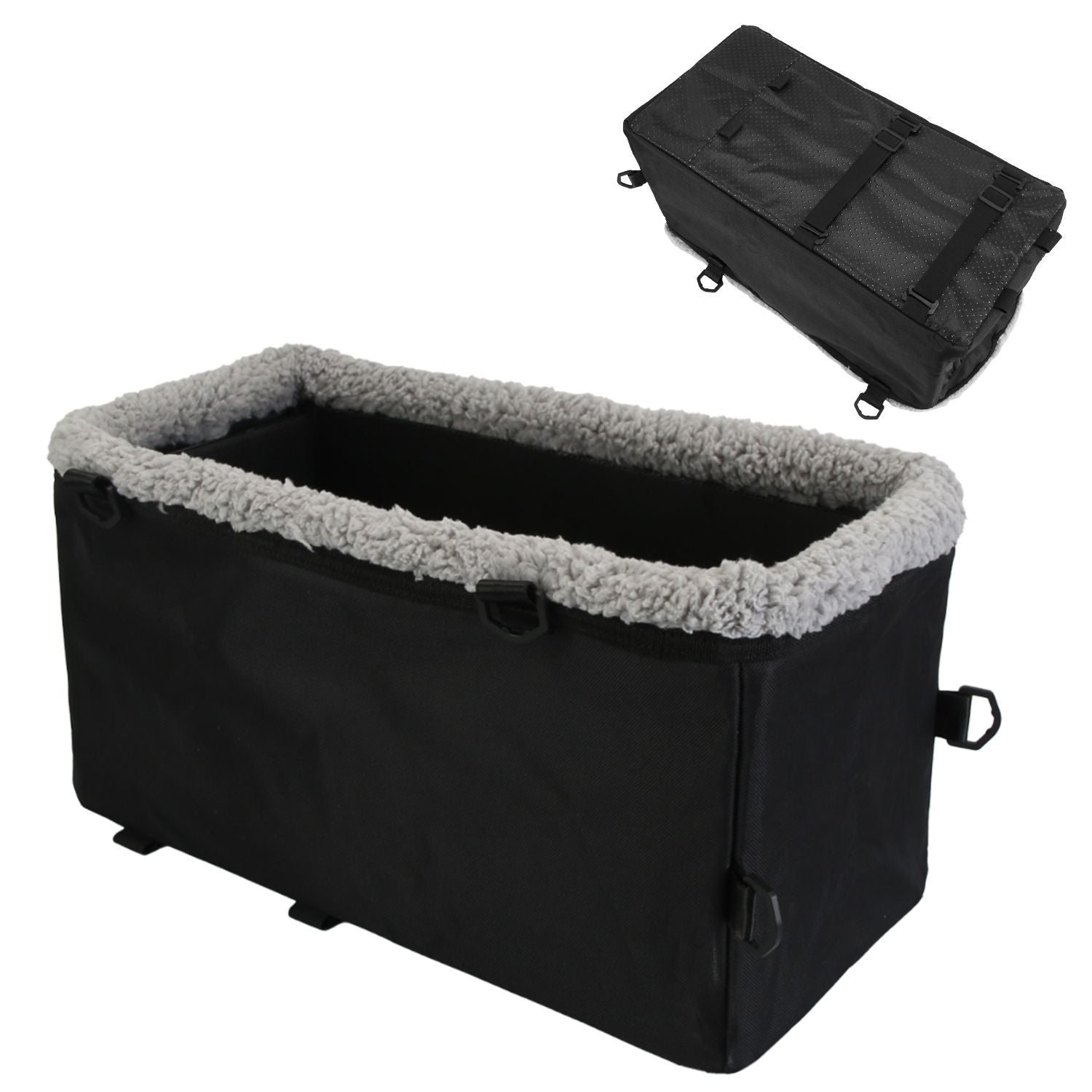 Studio view of the black foldable pet booster seat with fleece lining, rings, and anti-slip bottom