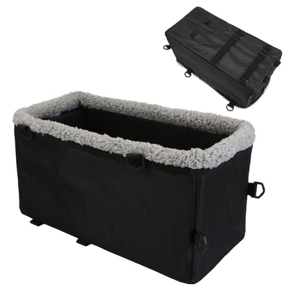 Studio view of the black foldable pet booster seat with fleece lining, rings, and anti-slip bottom