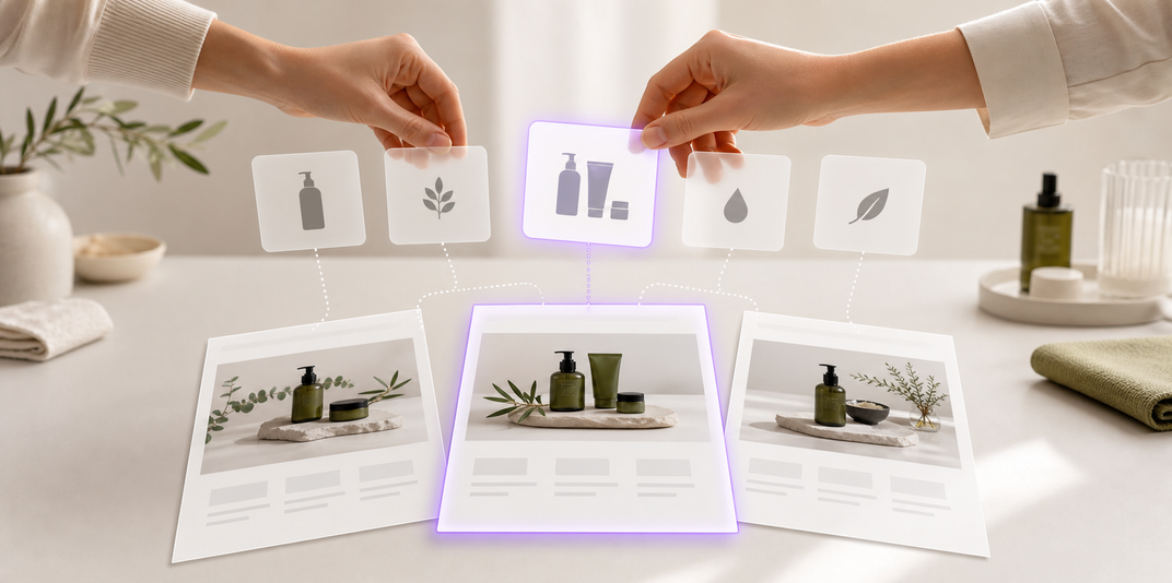 Hands sorting angle cards above three product page variants with the chosen one glowing
