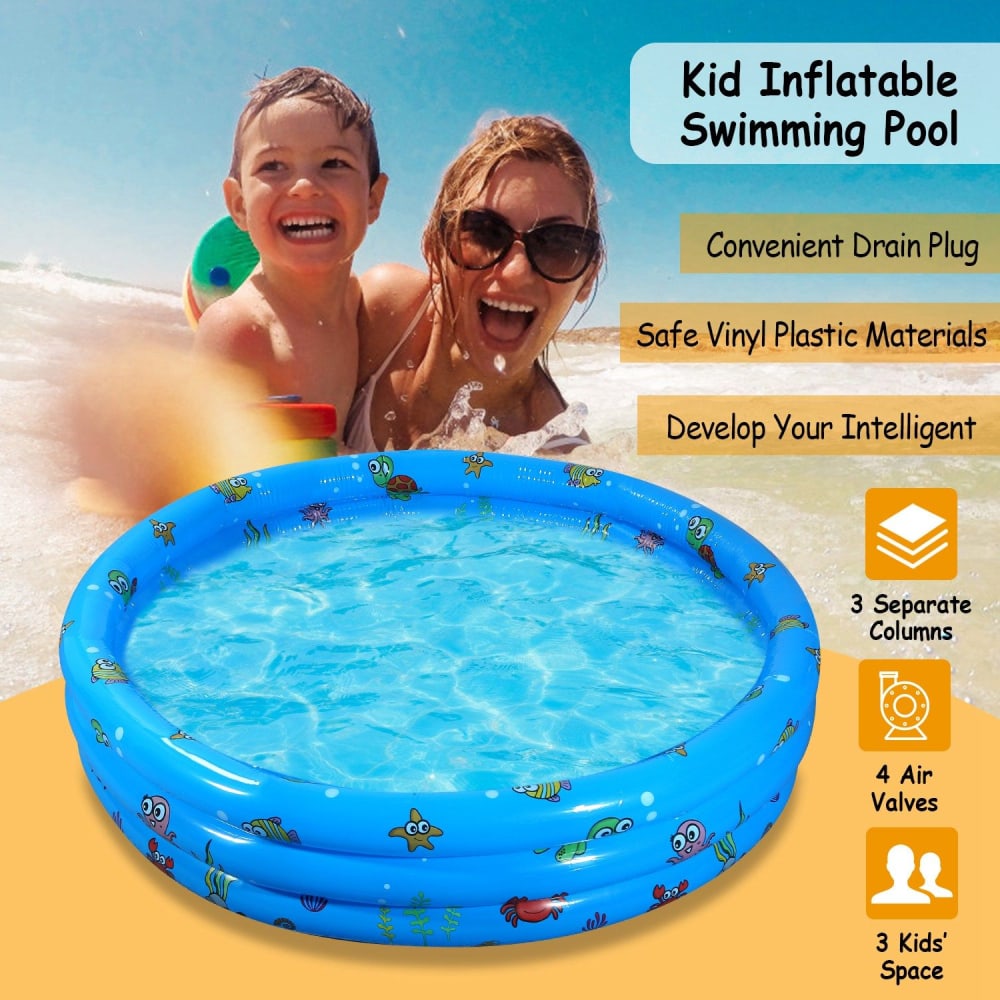 Kid inflatable swimming pool in vibrant blue with fun underwater graphics, ideal for summer play, featuring 3 separate columns and safe vinyl material for children.