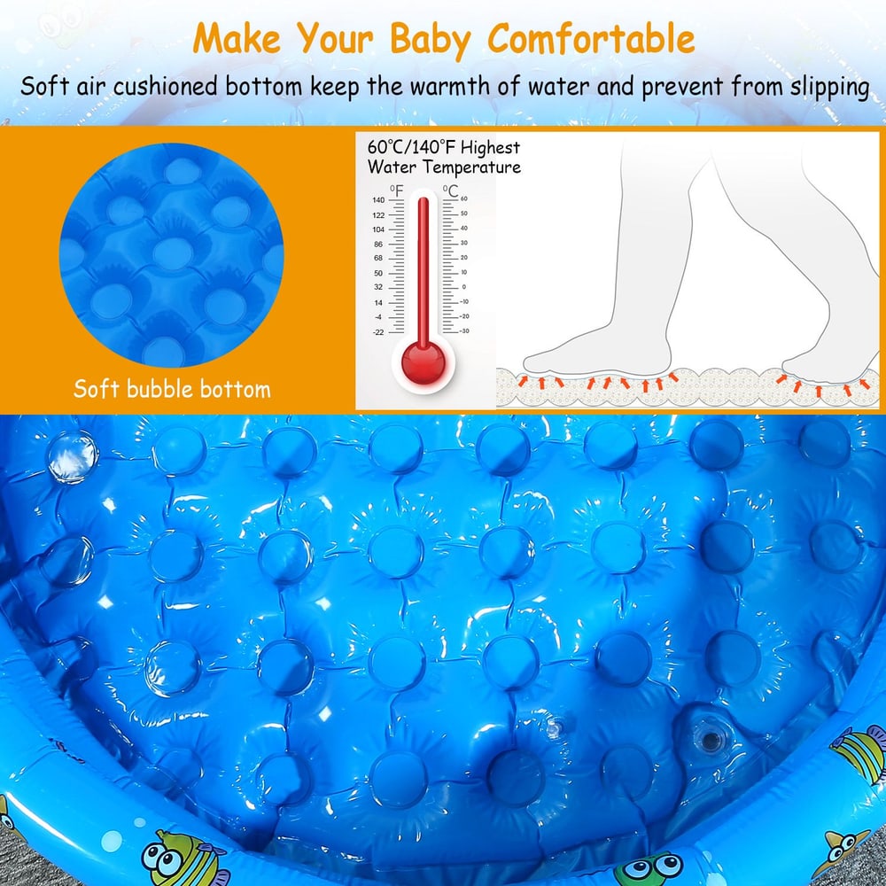 Inflatable baby pool with a soft bubble bottom designed for comfort, featuring a thermometer illustration showing safe water temperature, ideal for preventing slipping and retaining warmth.