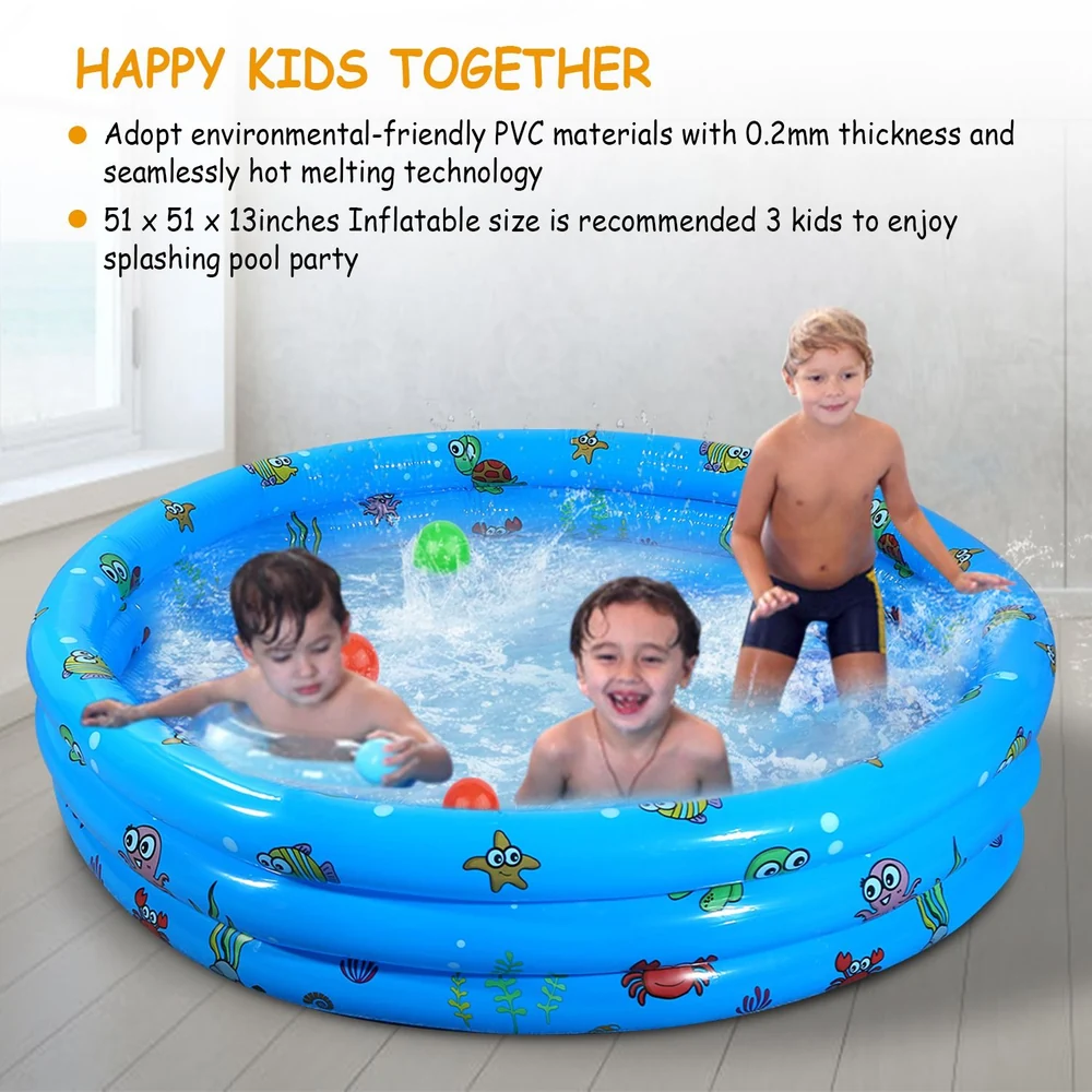 Inflatable kids' pool featuring a vibrant blue design with underwater sea creature illustrations, accommodating up to three children for splashing fun, made from eco-friendly PVC material.