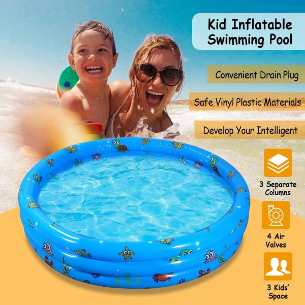 Kid inflatable swimming pool in vibrant blue with fun underwater graphics, ideal for summer play, featuring 3 separate columns and safe vinyl material for children.