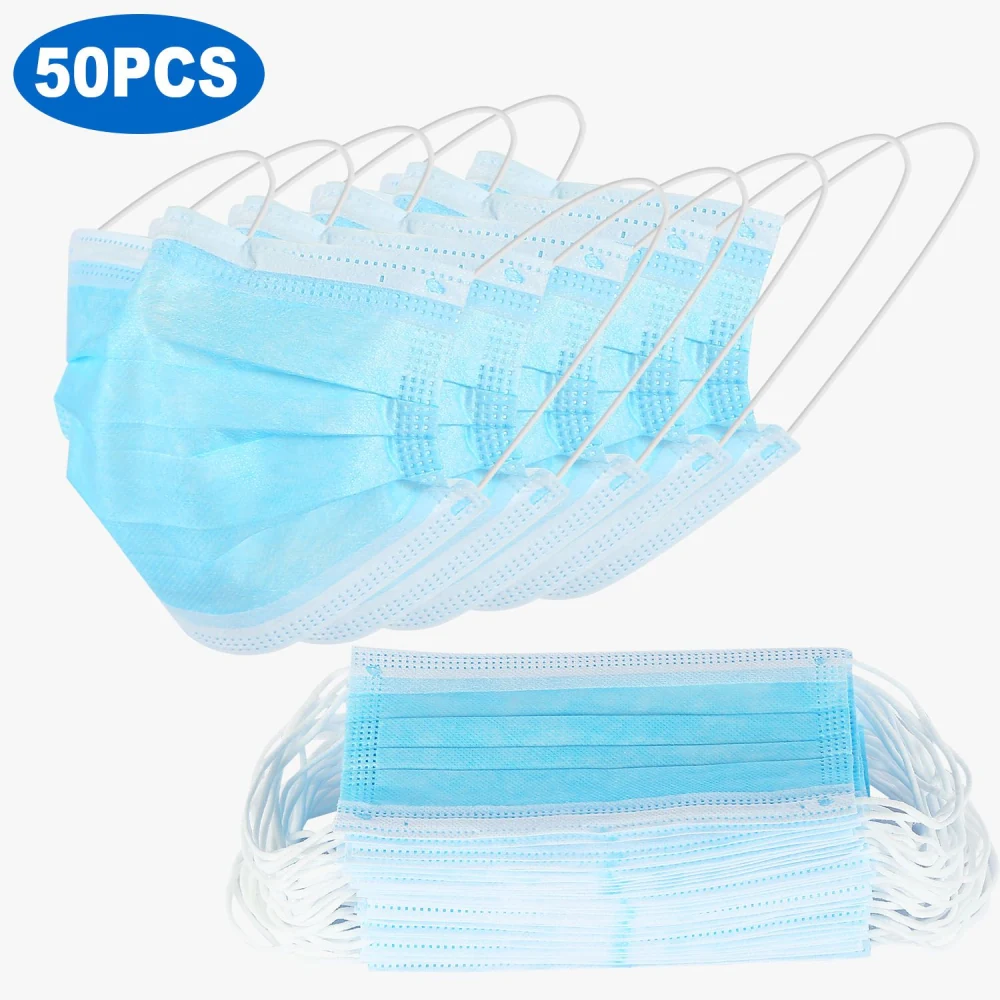 Pack of 50 blue disposable face masks, featuring a three-layer design with ear loops for comfortable wear, ideal for personal protection and hygiene.