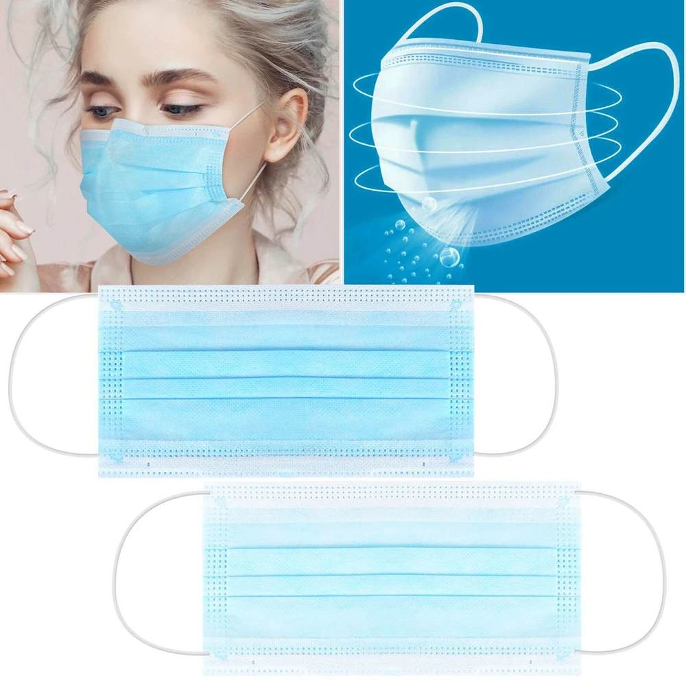 Pack of two disposable blue face masks with three layers for enhanced filtration, featuring comfortable ear loops and a lightweight design.