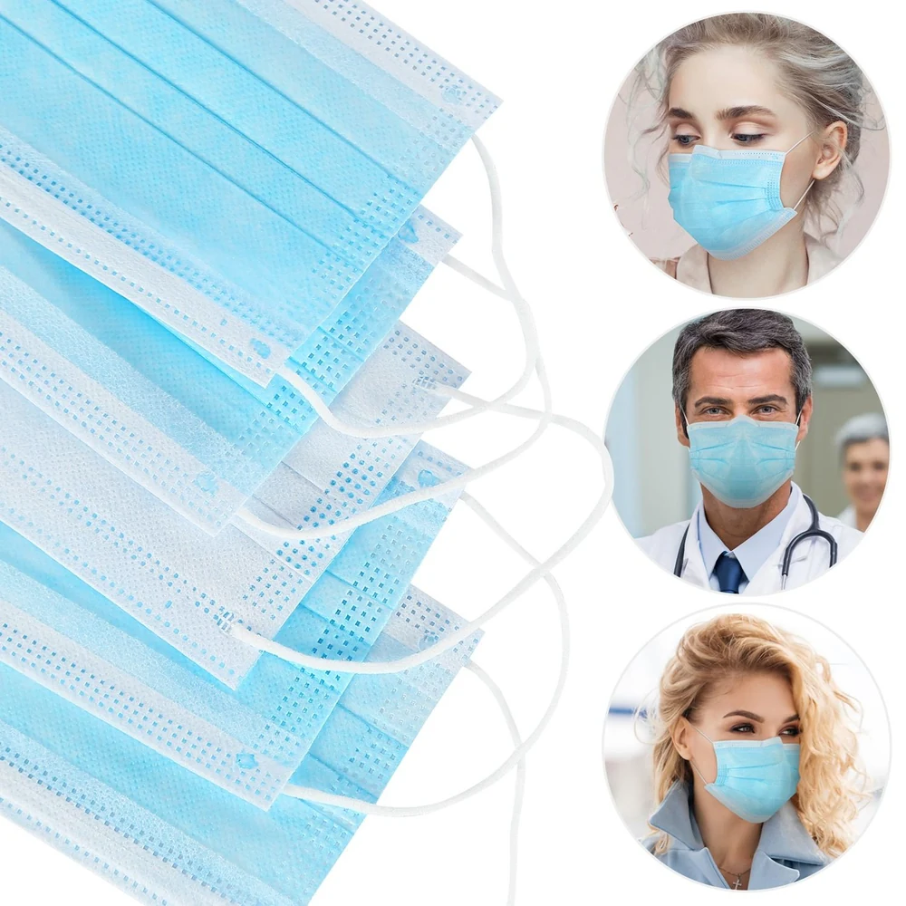 Pack of blue disposable face masks with ear loops, designed for safety and protection, suitable for healthcare professionals and everyday use.