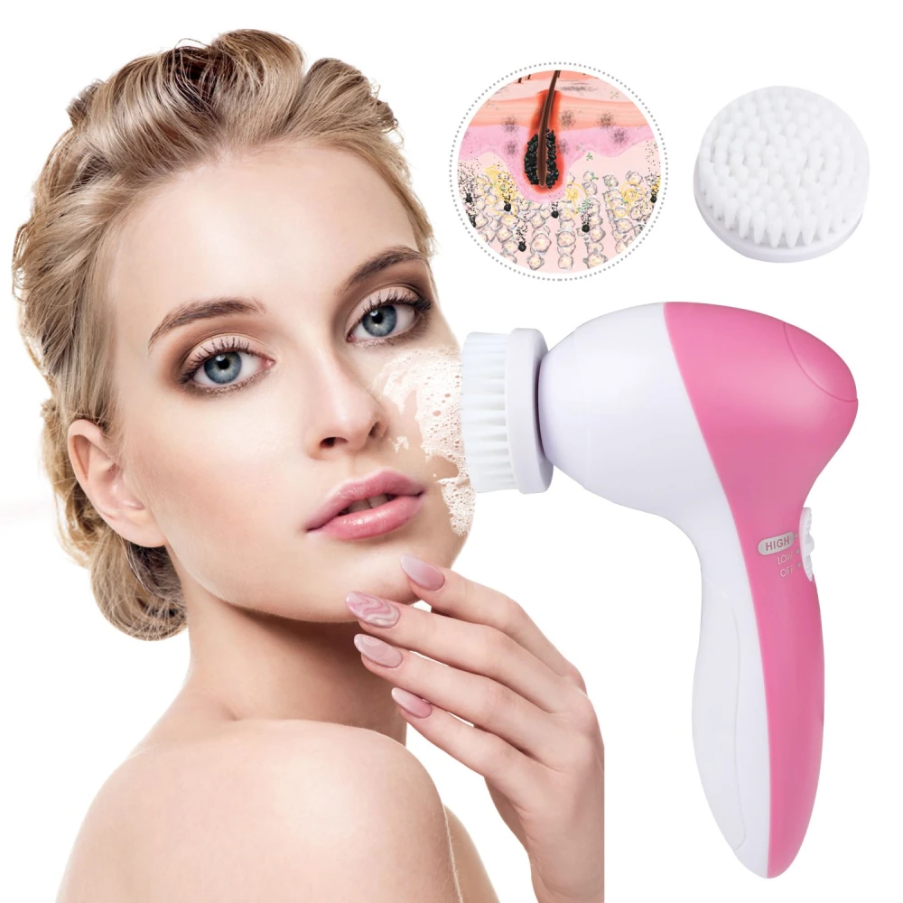 Facial cleansing brush with interchangeable brush head and ergonomic design, designed for deep cleansing and exfoliation of the skin.