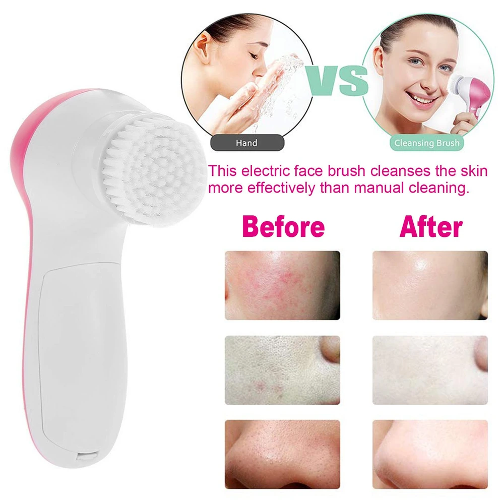 Electric face cleansing brush demonstrating effective skincare results with 'Before' and 'After' images showing improved skin clarity and texture.