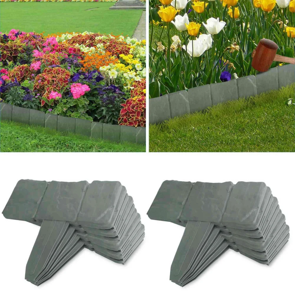 Garden border edging stones with colorful flower beds, showcasing the easy installation of flexible landscape borders and a durable design for organized gardening.