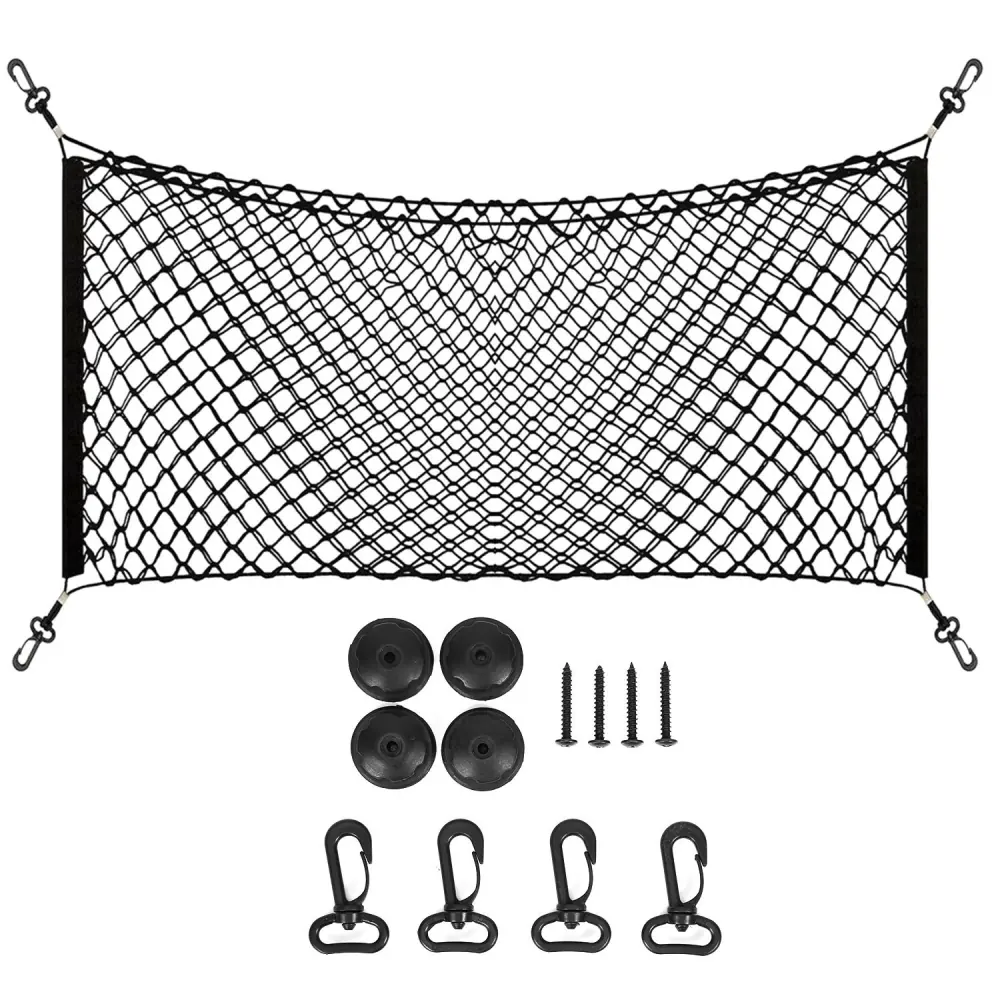 Durable black cargo net with hooks and mounting hardware for securing items in vehicles or storage. Ideal for organizing gear and preventing spills.