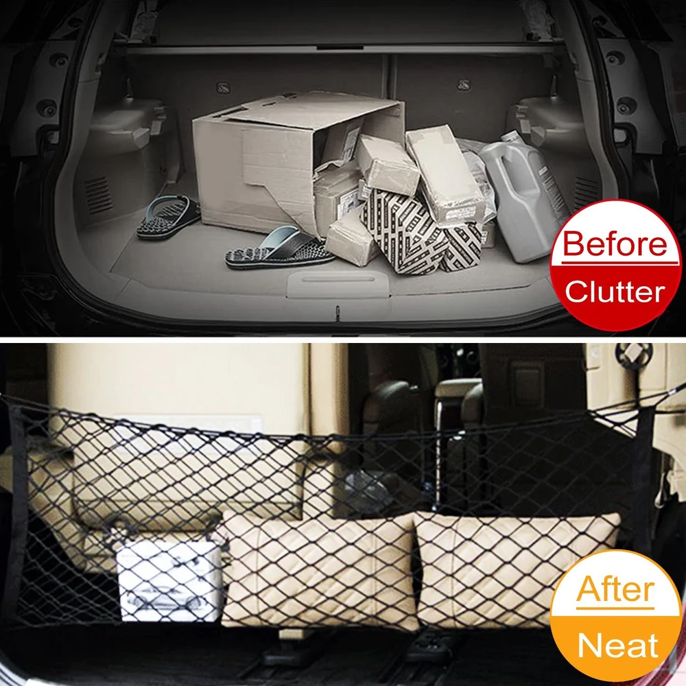 Before and after images showcasing a car trunk organizer: the top half illustrates a cluttered trunk filled with boxes and random items, while the bottom half displays a neatly organized trunk using a netted storage system for optimal space management.