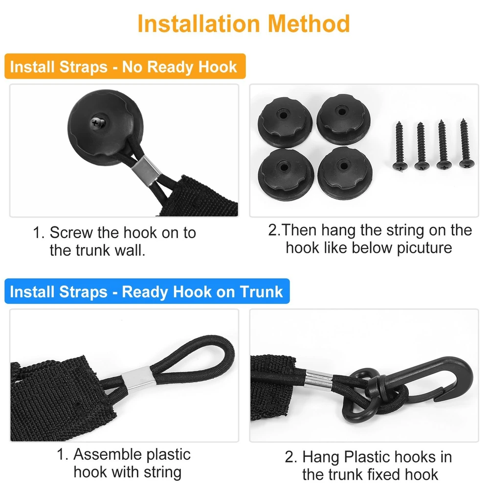 Installation guide for trunk strap system featuring step-by-step images with hardware components including hooks, screws, and straps for secure attachment.
