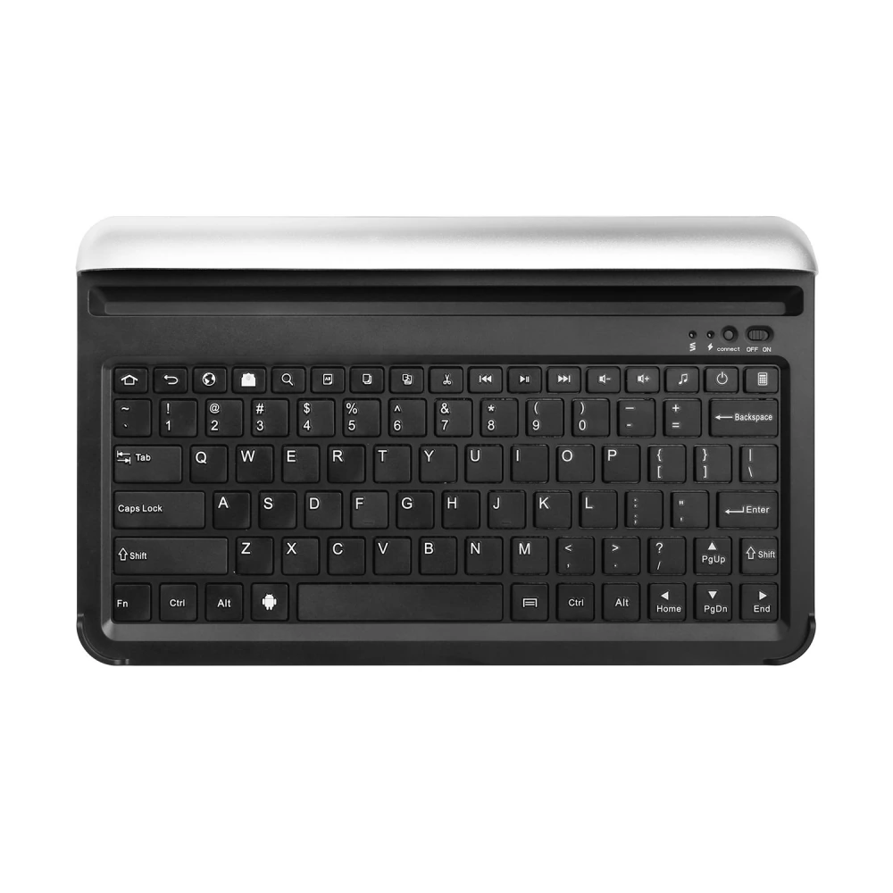Wireless black keyboard with multimedia keys and a sleek silver top, designed for enhanced typing comfort and efficiency.