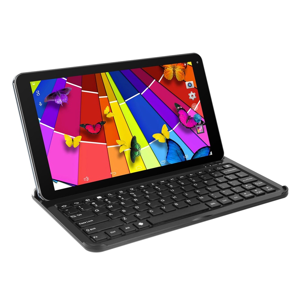Tablet with colorful butterfly wallpaper and detachable black keyboard, showcasing a vibrant design and functional setup for productivity.