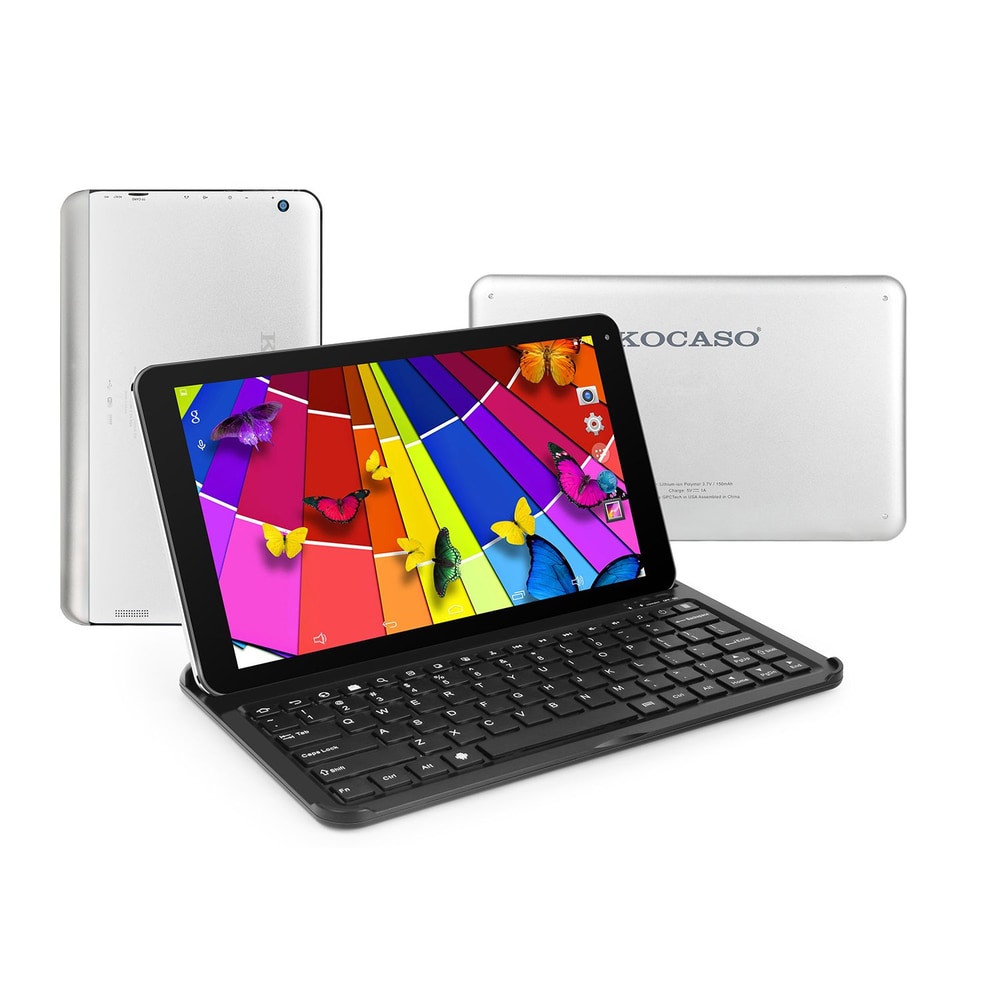 Kocaso tablet with colorful butterfly wallpaper and detachable keyboard, showcasing a sleek silver back.