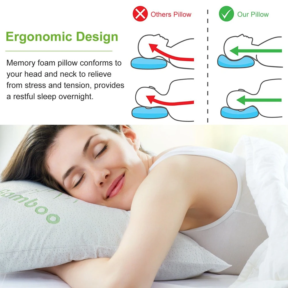 Ergonomic memory foam pillow designed to support head and neck alignment, promoting restful sleep and reducing stress, featured on a bed with a person resting comfortably.