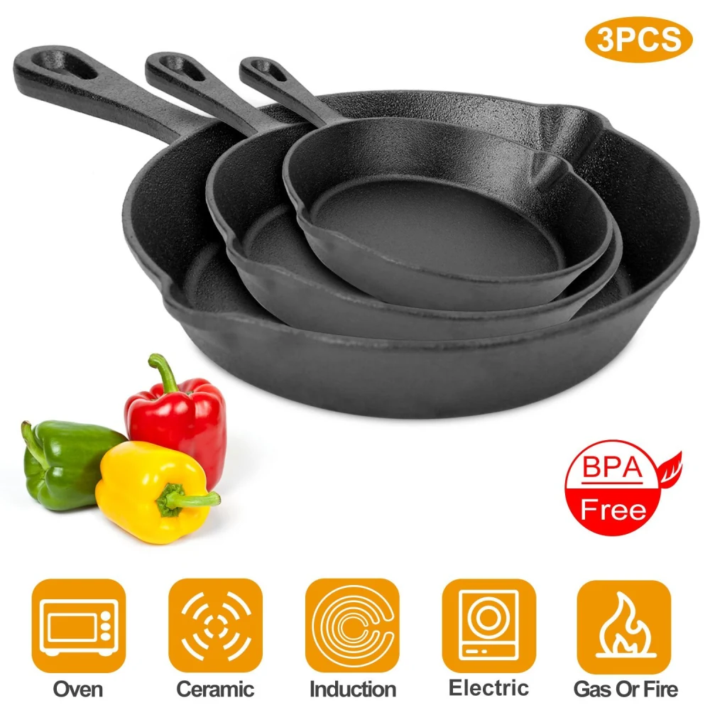 Three-piece cast iron skillet set with BPA-free construction, suitable for oven, ceramic, induction, electric, gas, and fire cooking, featuring colorful bell peppers in the foreground.