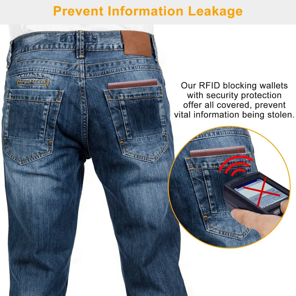 Back view of denim jeans featuring an RFID blocking pocket designed to protect against information theft, with a close-up illustration showing a security device indicating blocked access.