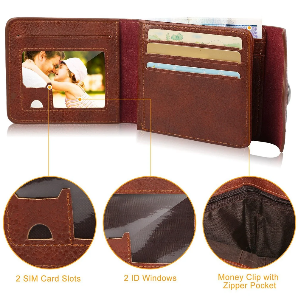 Brown leather wallet featuring a photo slot, two ID windows, two SIM card slots, and a money clip with a zipper pocket for secure storage.