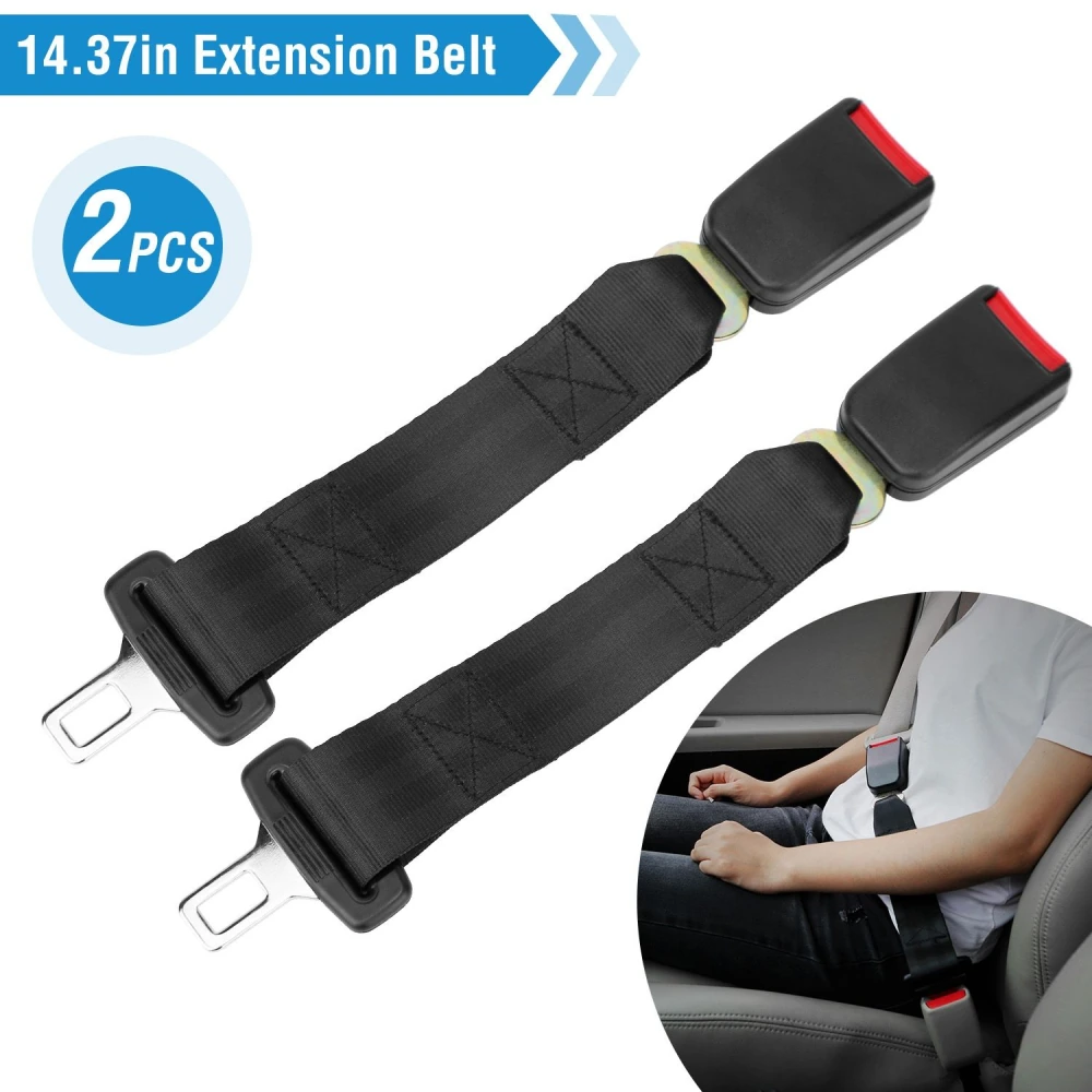 14.37-inch car seatbelt extension belt set of 2, featuring sturdy black fabric straps and metal buckles, shown in use with a person buckled in a car seat.
