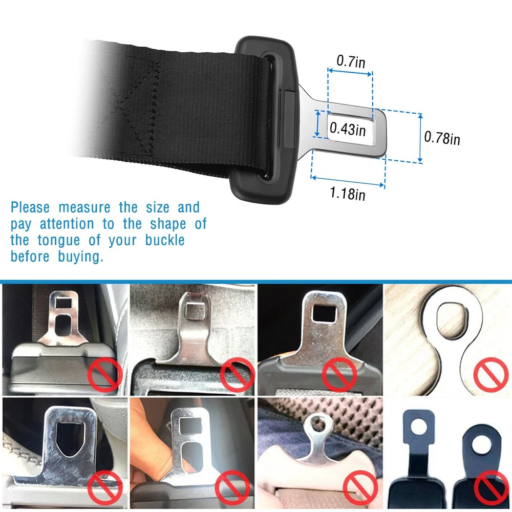 Car seatbelt buckle with measurement instructions and compatibility guides, displaying correct and incorrect buckle types.