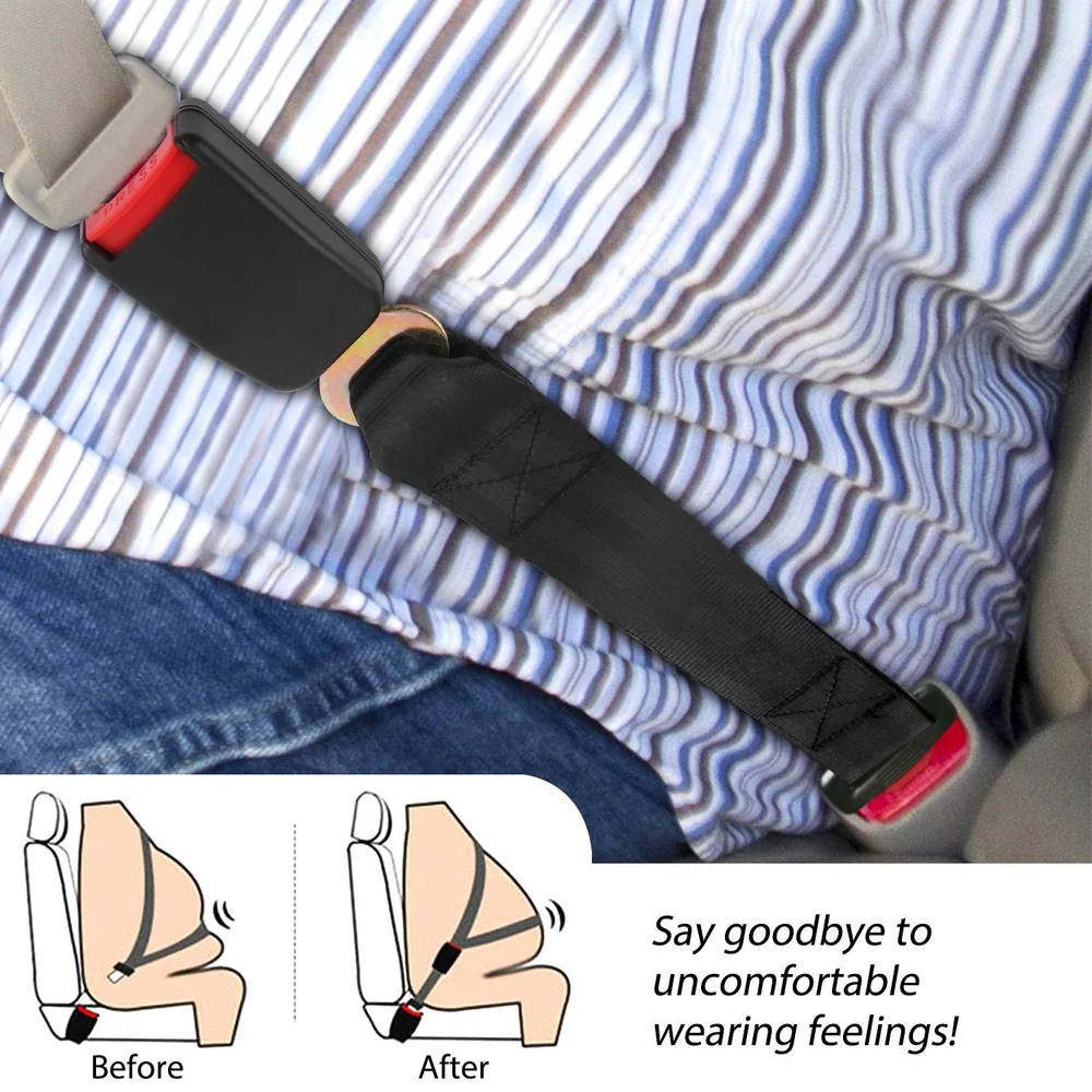 Image of a seatbelt with a soft cover showing before and after comparison of comfort, highlighting the product's ability to alleviate discomfort while wearing a seatbelt.