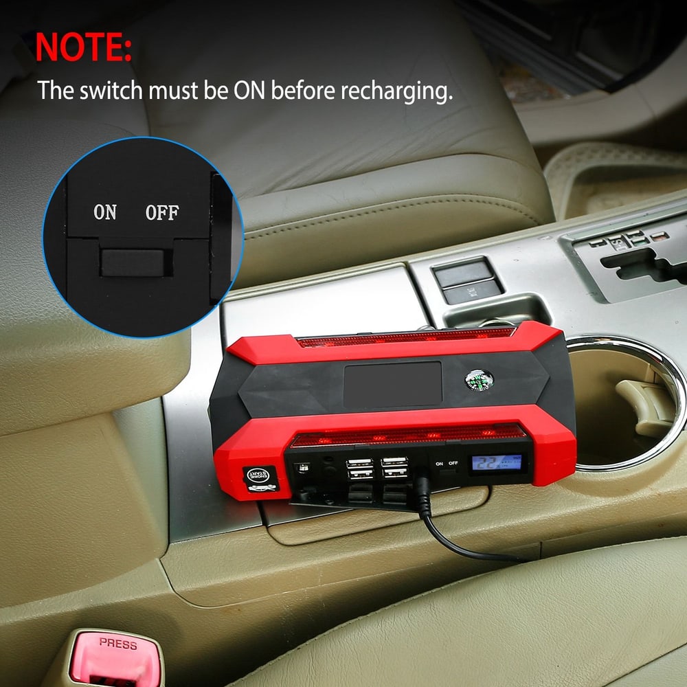 Portable car charger with multiple USB ports and an ON/OFF switch displayed on a car's console, emphasizing the importance of turning the switch ON before recharging.