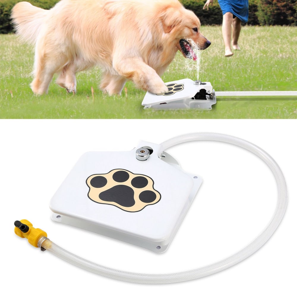 Automatic dog water dispenser featuring a paw print design, in use by a golden retriever on a grassy field, with a connected hose for easy access to fresh water.