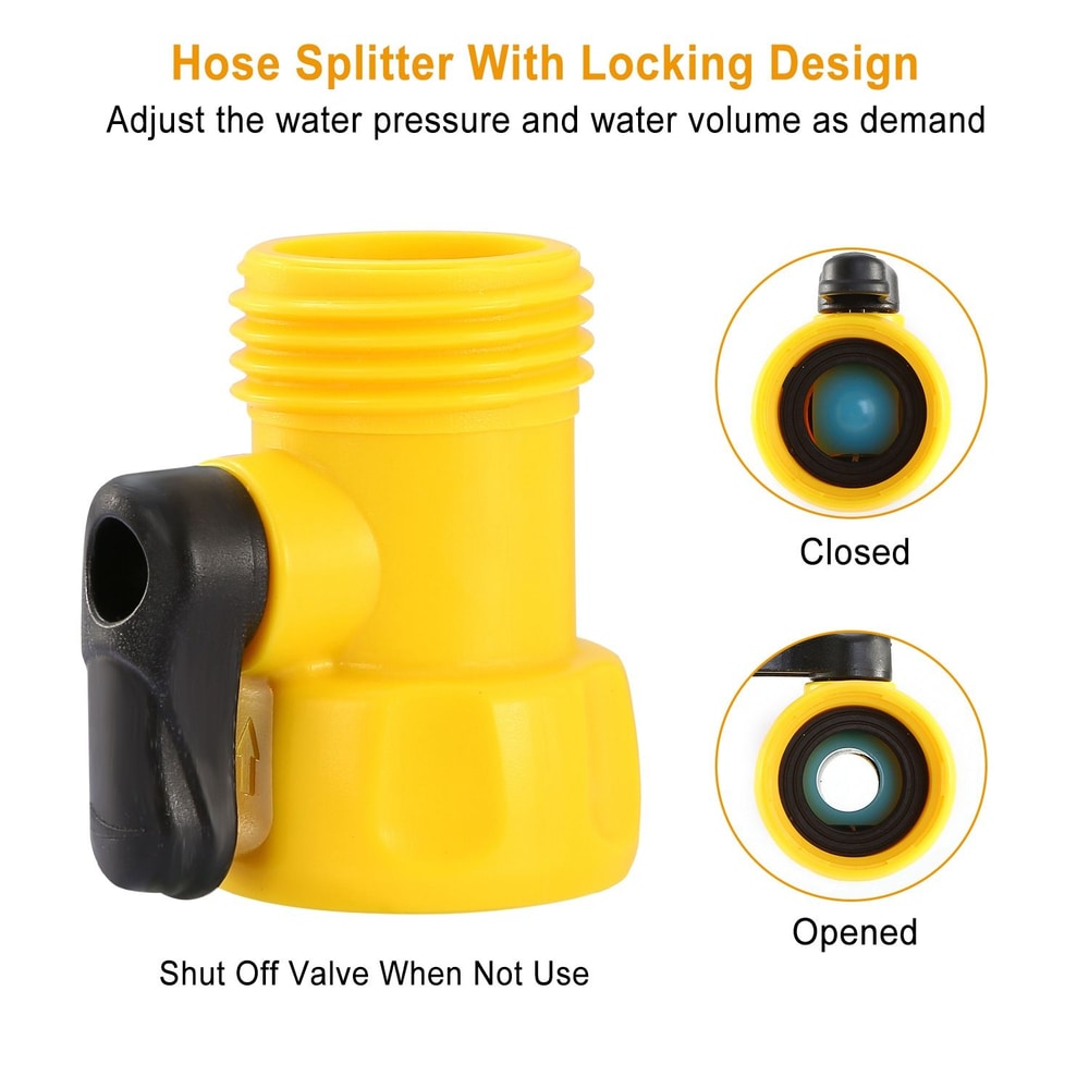 Yellow hose splitter with locking design for adjustable water pressure and flow, featuring a shut-off valve for convenience.