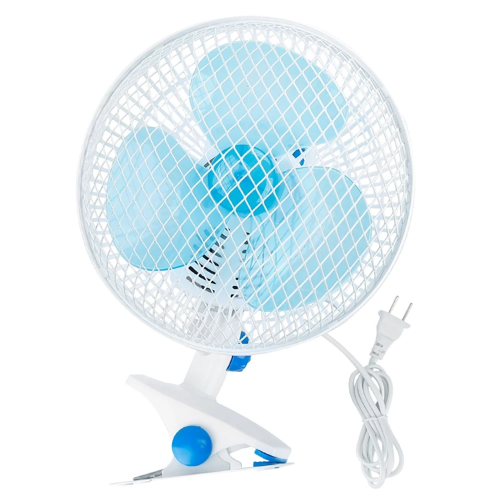 Mini USB desk fan with blue blades, white protective grill, and adjustable clip for easy attachment.