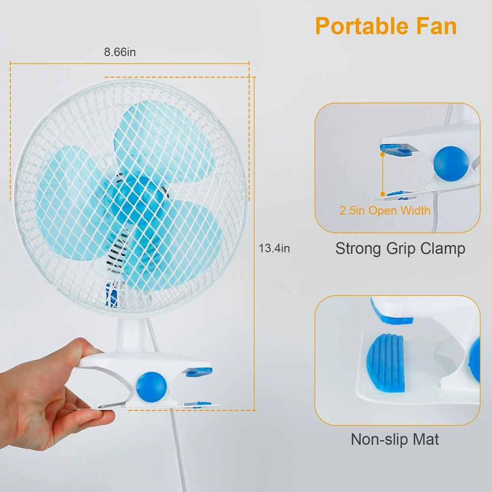 Portable fan with blue blades and a strong grip clamp, featuring a non-slip mat for secure attachment, dimensions 8.66 inches wide by 13.4 inches tall.