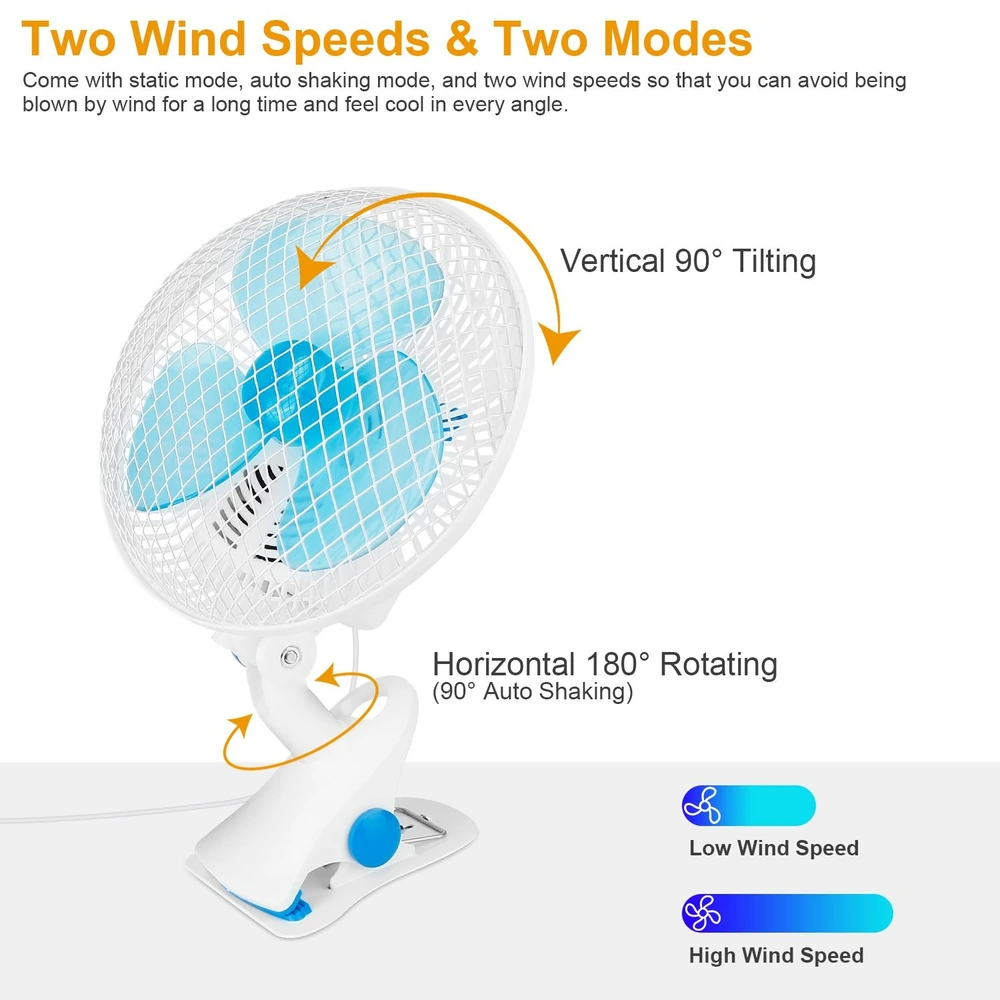 Compact oscillating fan with blue blades, featuring two wind speeds, 90-degree vertical tilting, and 180-degree horizontal rotation for customizable airflow and comfort.