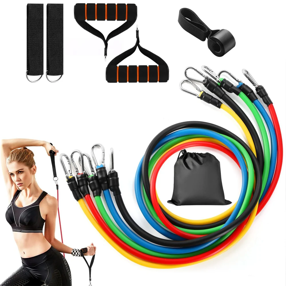 Resistance bands set with various colors and attachments for strength training, featuring a woman demonstrating use, alongside handles, straps, and a carrying bag.