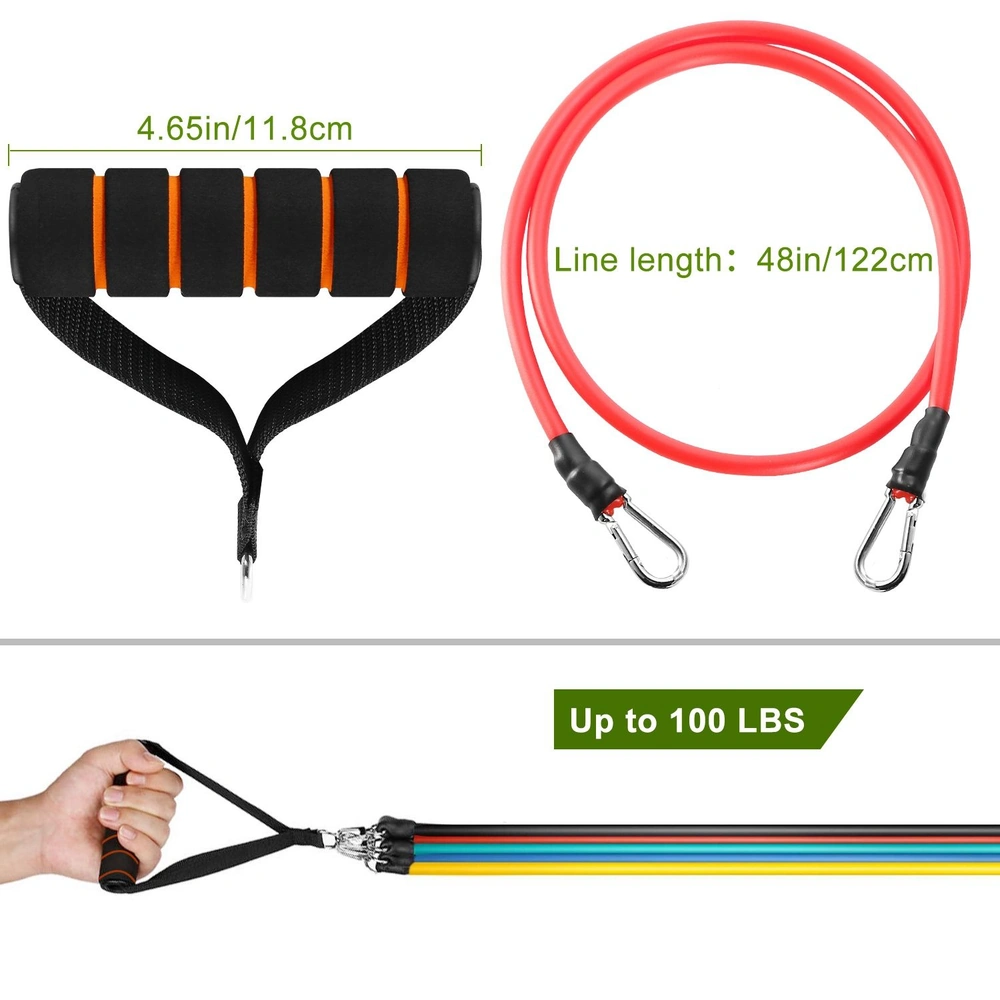 Resistance band set with ergonomic grip handle, red elastic tubing, and adjustable resistance up to 100 pounds, ideal for strength training and fitness workouts.