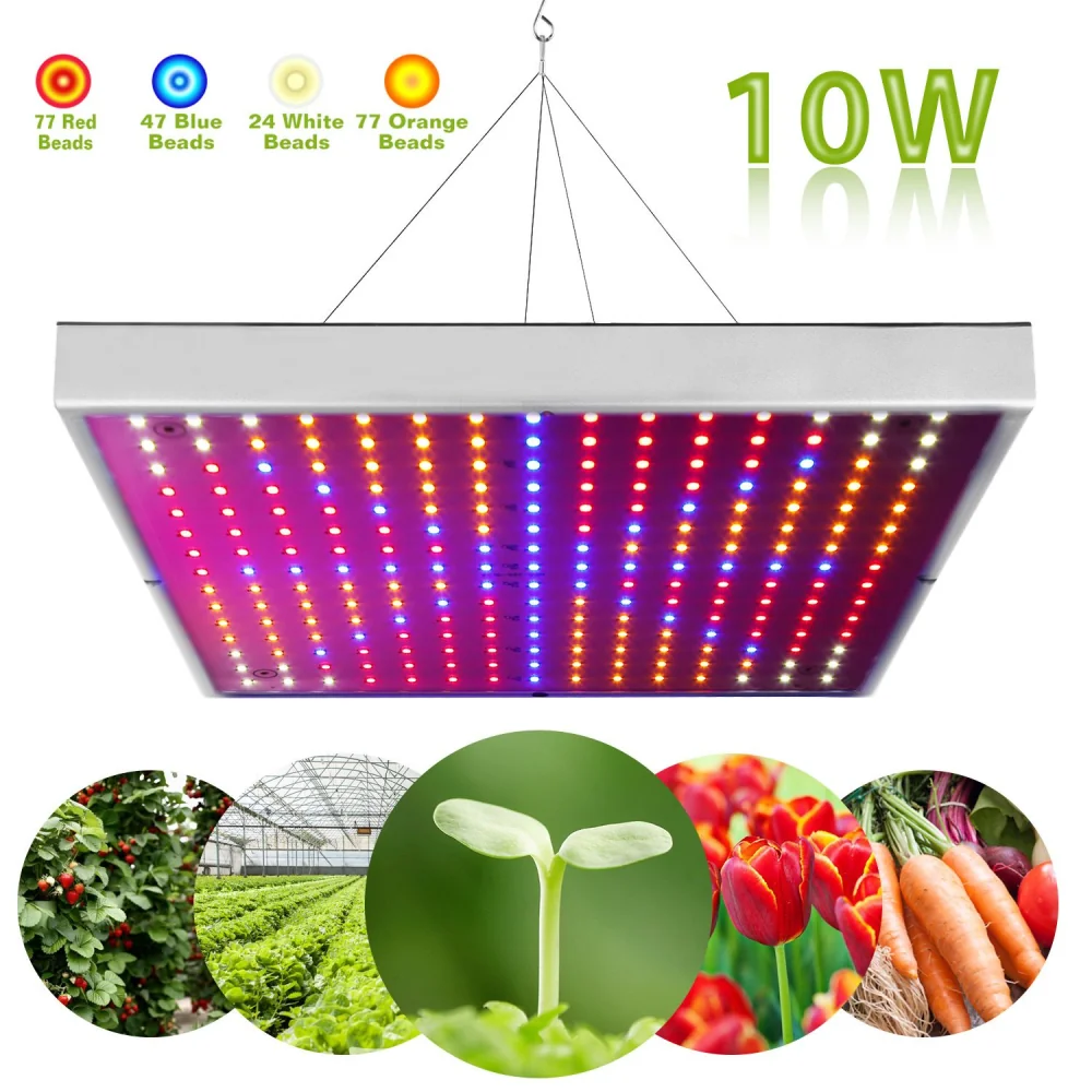 10W full spectrum LED grow light panel featuring 77 red, 47 blue, 24 white, and 77 orange beads, ideal for boosting plant growth in greenhouses and indoor gardens, surrounded by images of thriving plants including tomatoes, lettuce, tulips, and carrots.