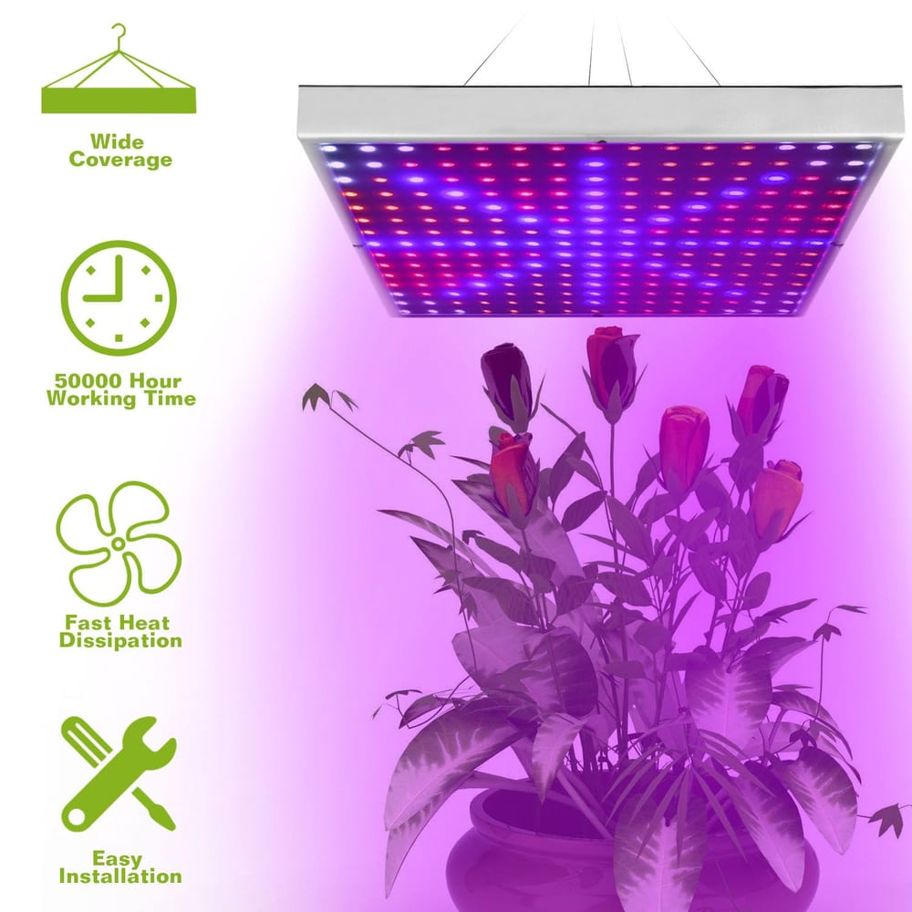 LED grow light panel above vibrant roses, featuring easy installation, fast heat dissipation, and a long lifespan of 50,000 hours, perfect for promoting healthy plant growth.