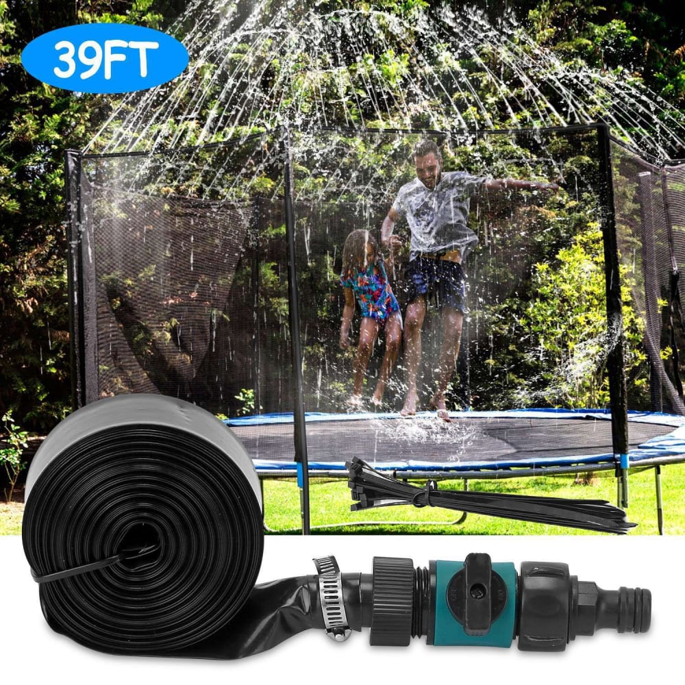 39FT trampoline sprinkler system with two children playing and enjoying water spray in a garden setting.