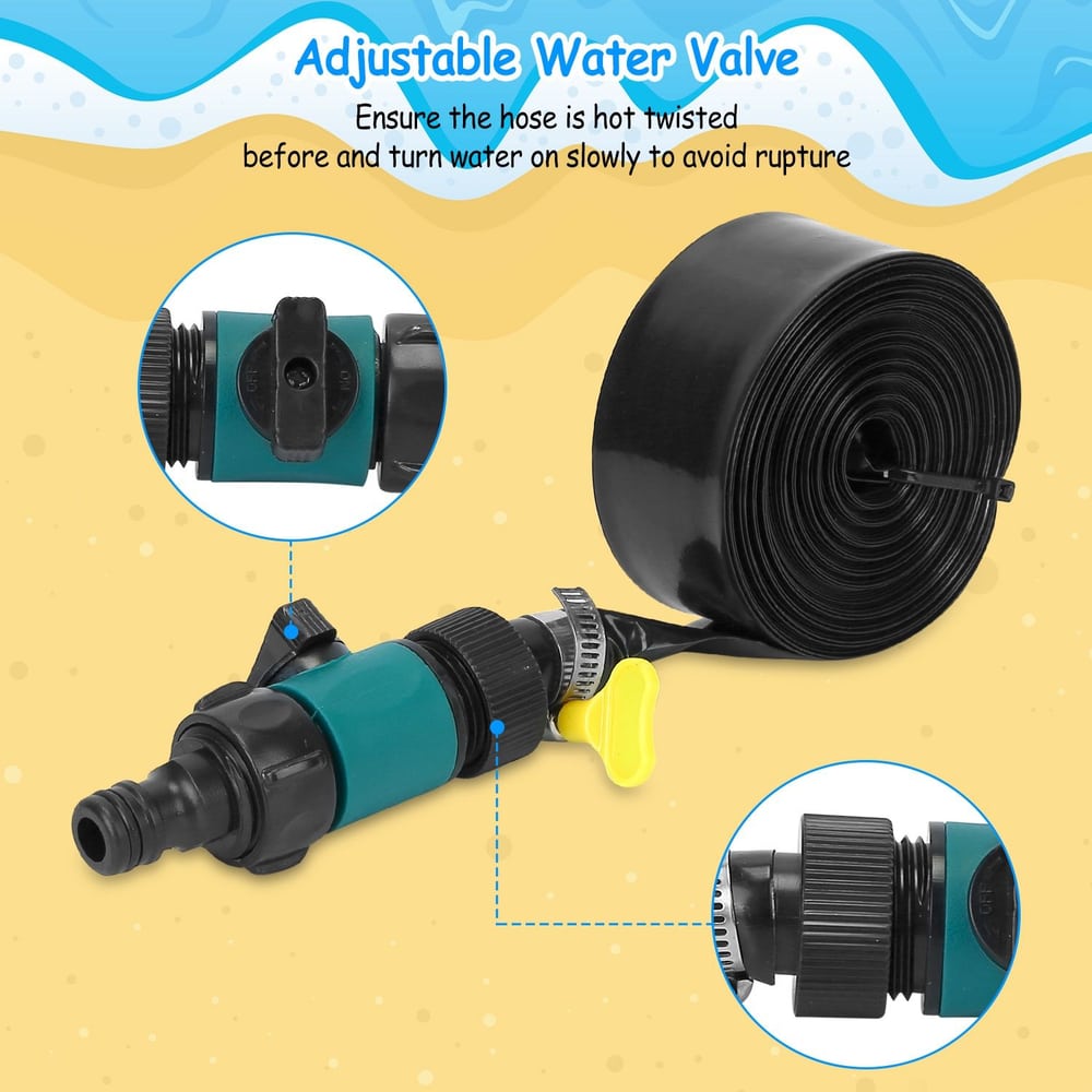 Adjustable water valve and black hose with connectors for garden irrigation, featuring easy-grip controls and a twist function to manage water flow effectively.